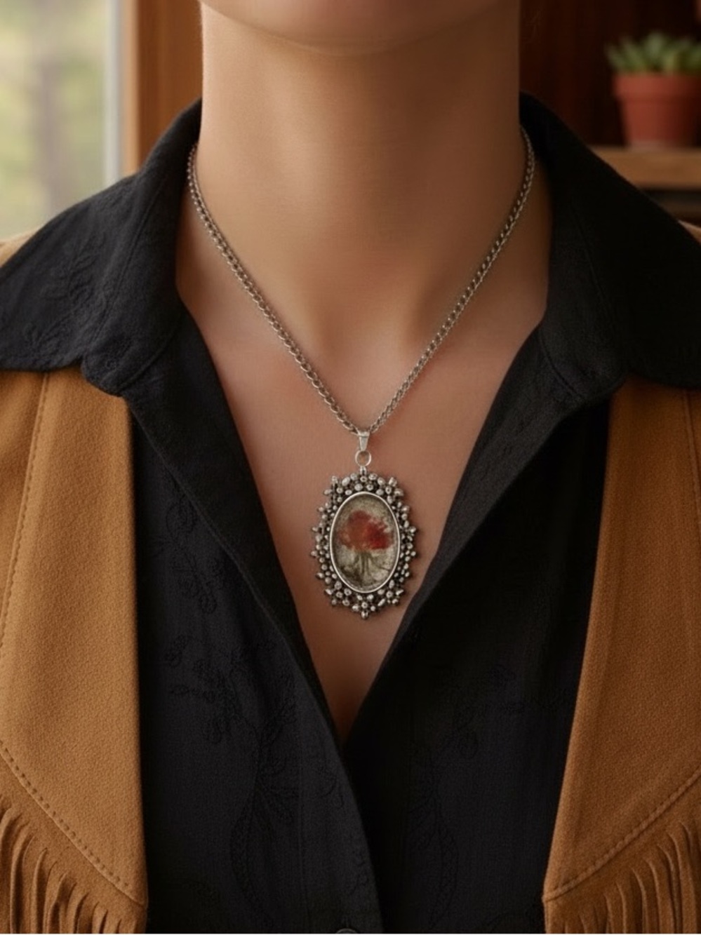 Handmade Silver Necklace | Hand-Painted Red Flower Pendant | One of a Kind